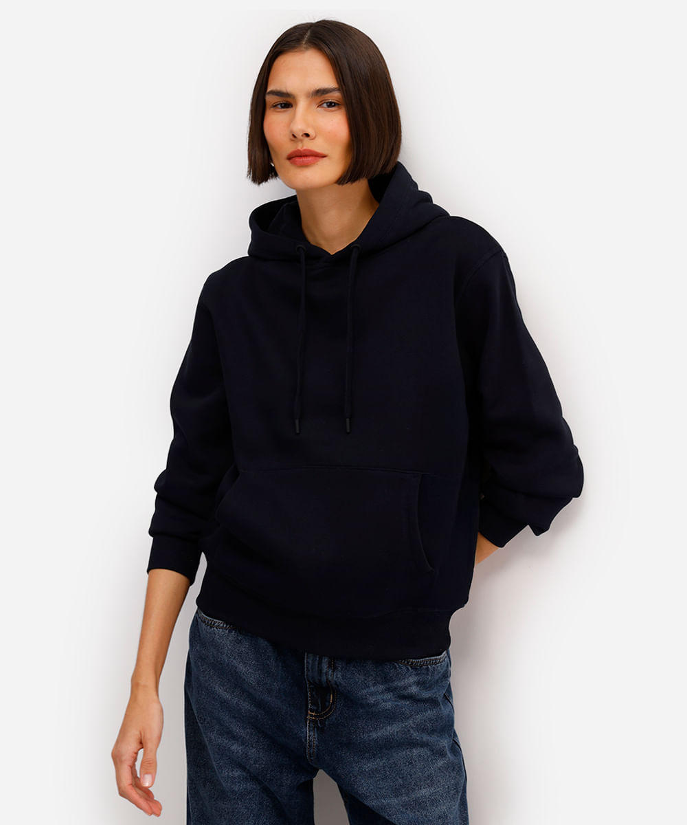 blusão básico feminino de moletom com capuz preto