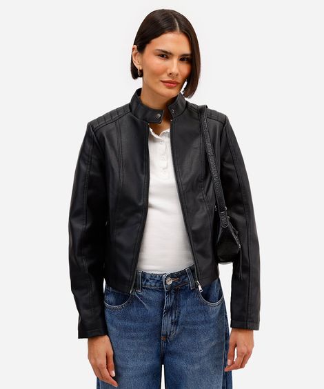 jaqueta biker feminina com bolsos preta