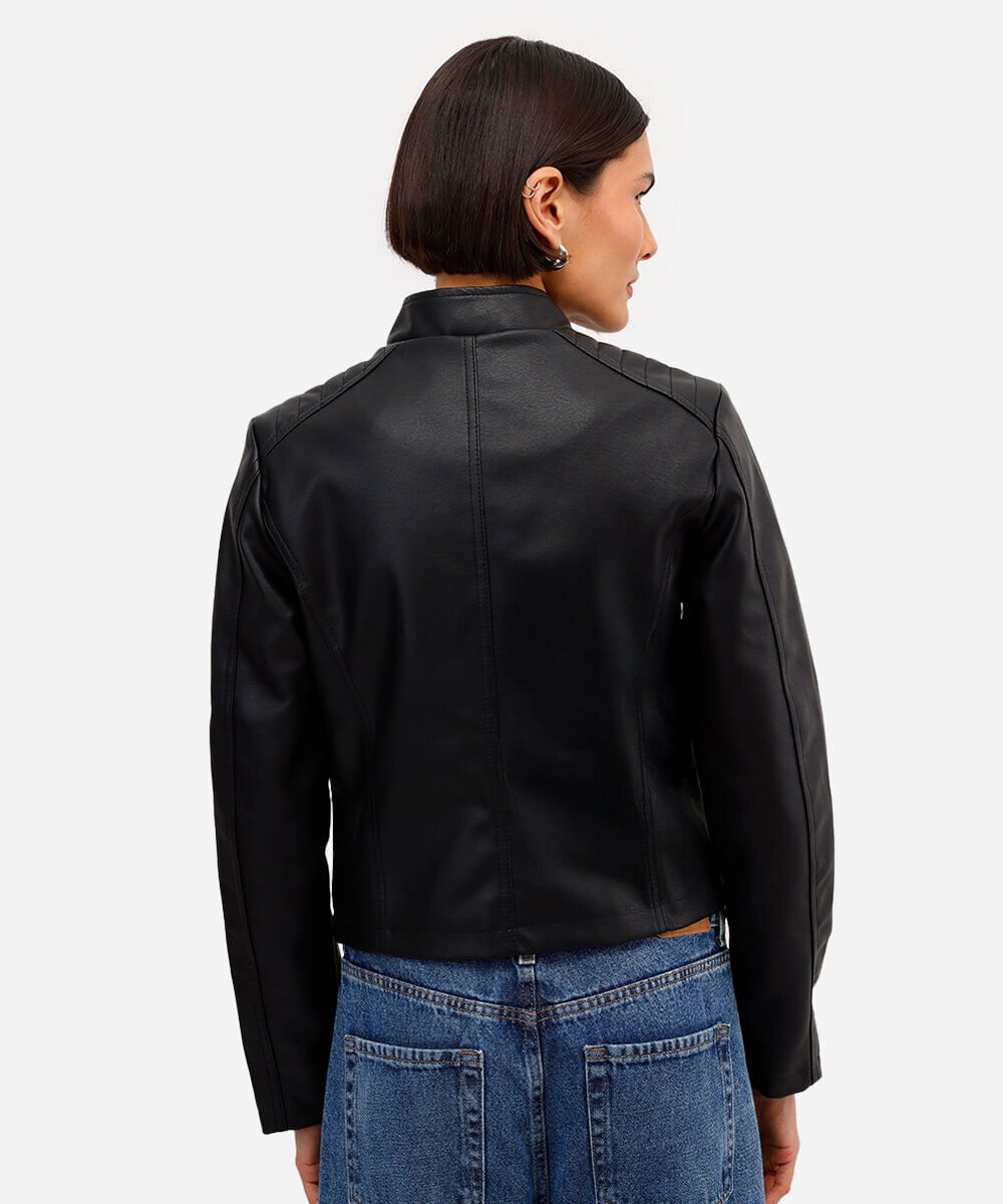 Jaqueta Biker Feminina com Bolsos Preta - preto