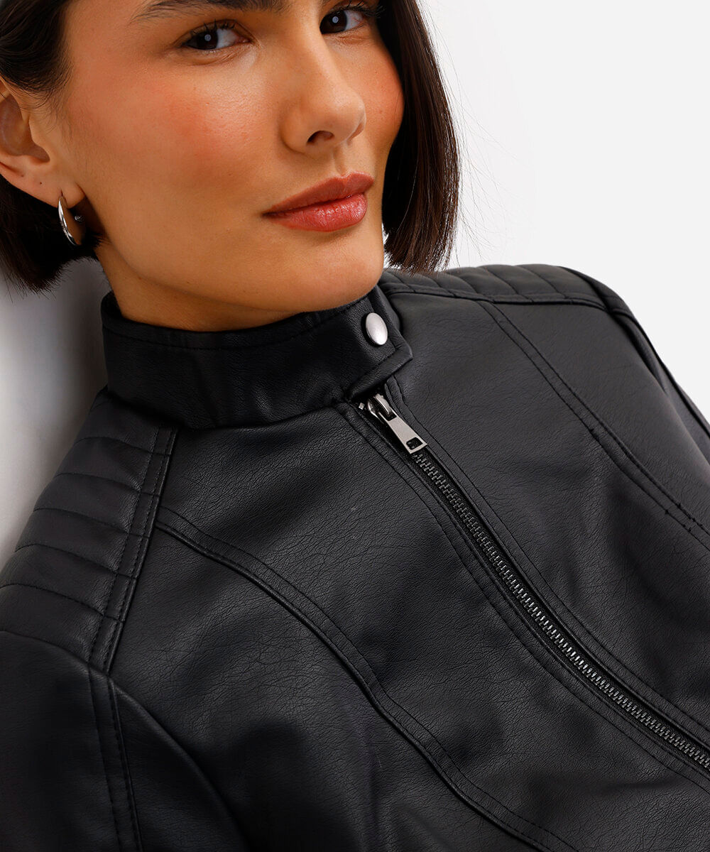 Jaqueta Biker Feminina com Bolsos Preta - preto