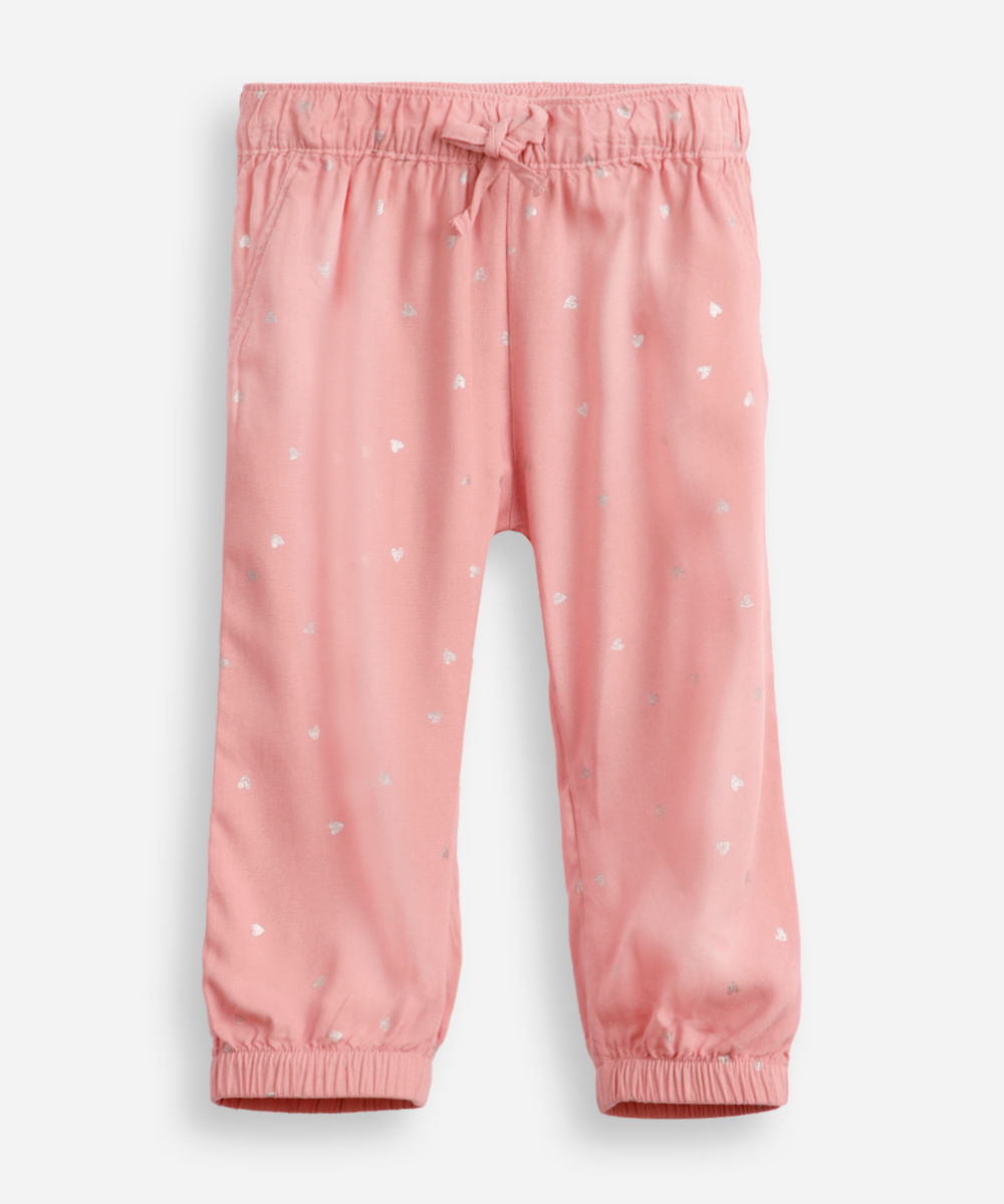calça jogger infantil de viscose coração rosa