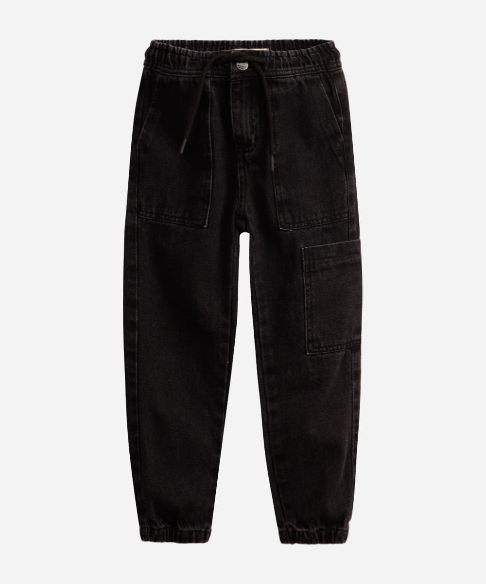 calça jogger infantil jeans cós com elástico preta