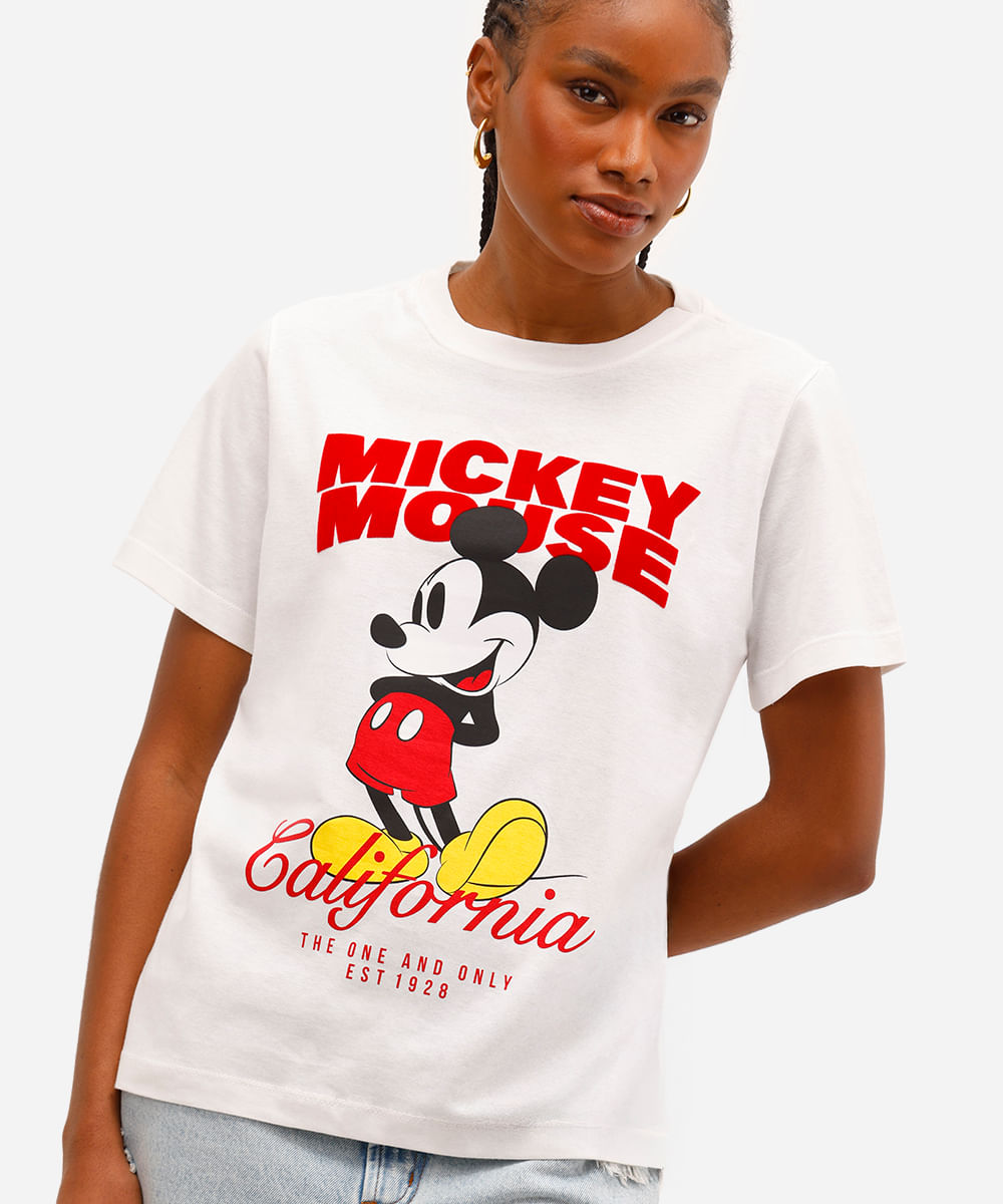 camiseta feminina de algodão manga curta mickey mouse texturizada off white