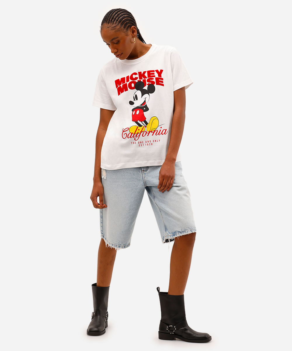 camiseta feminina de algodão manga curta mickey mouse texturizada off white