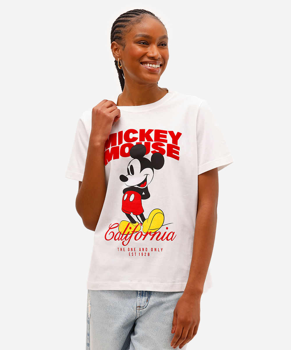 camiseta feminina de algodão manga curta mickey mouse texturizada off white