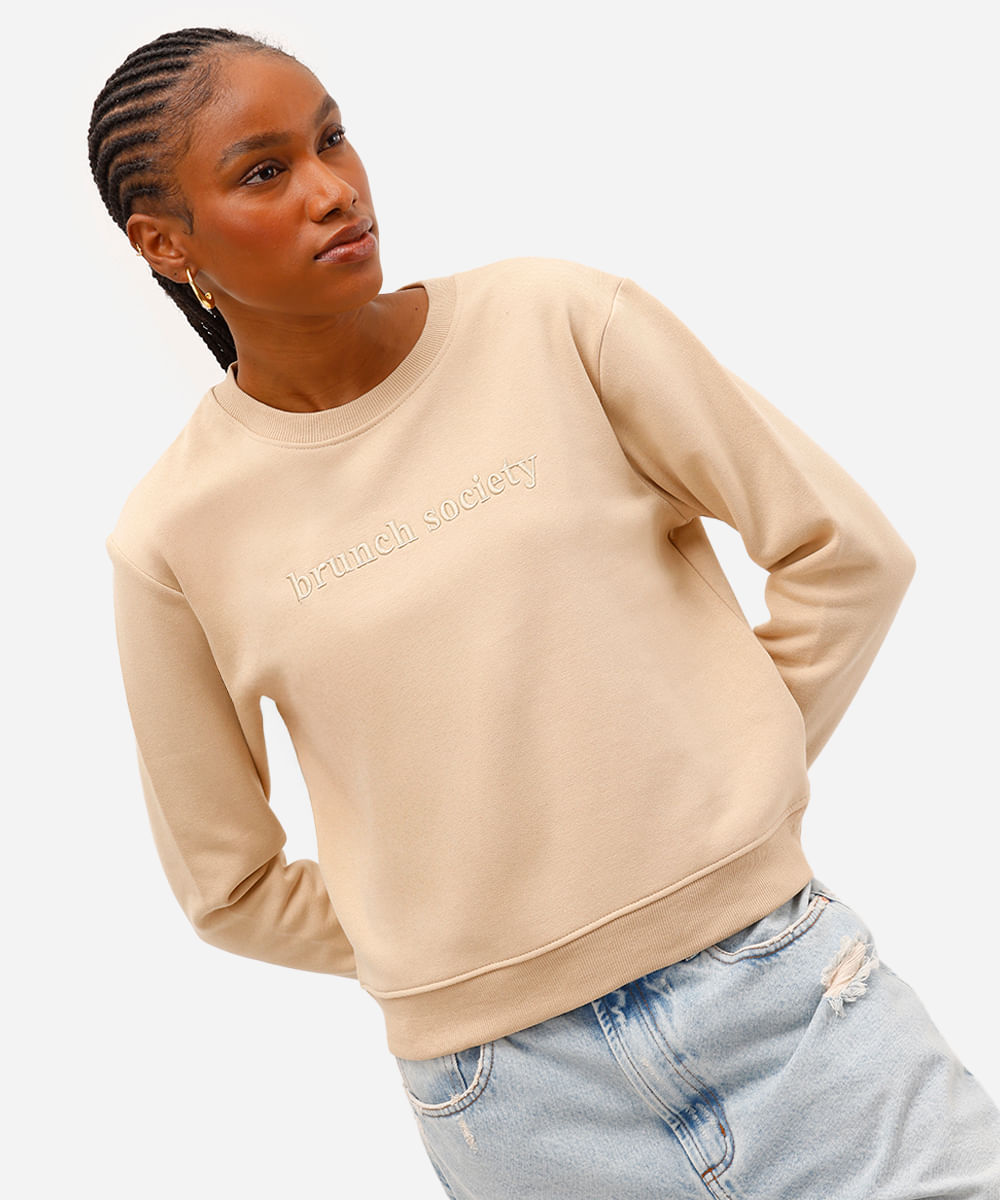 blusão feminino de moletom bordado brunch society bege