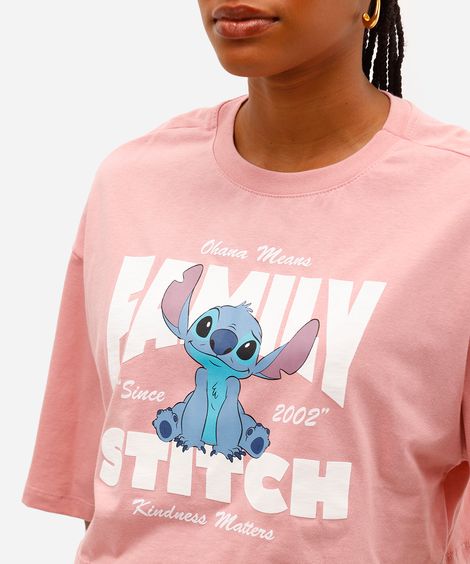 cropped feminino de algodão manga curta stitch rosa