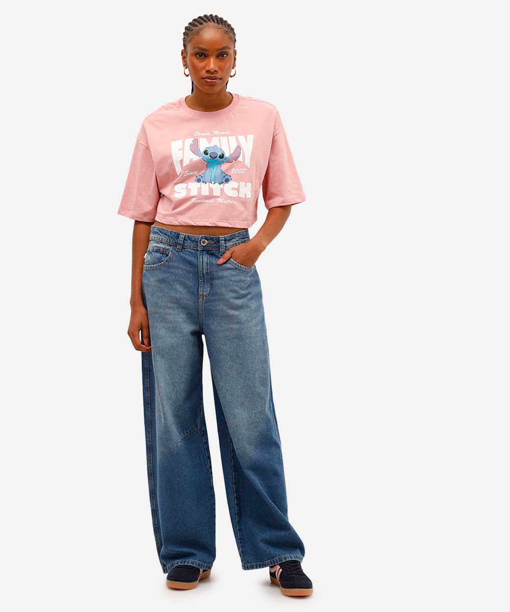 cropped feminino de algodão manga curta stitch rosa