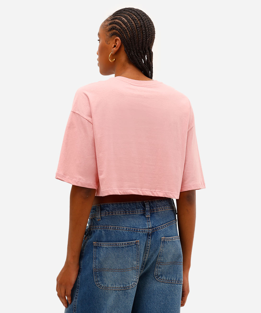 cropped feminino de algodão manga curta stitch rosa