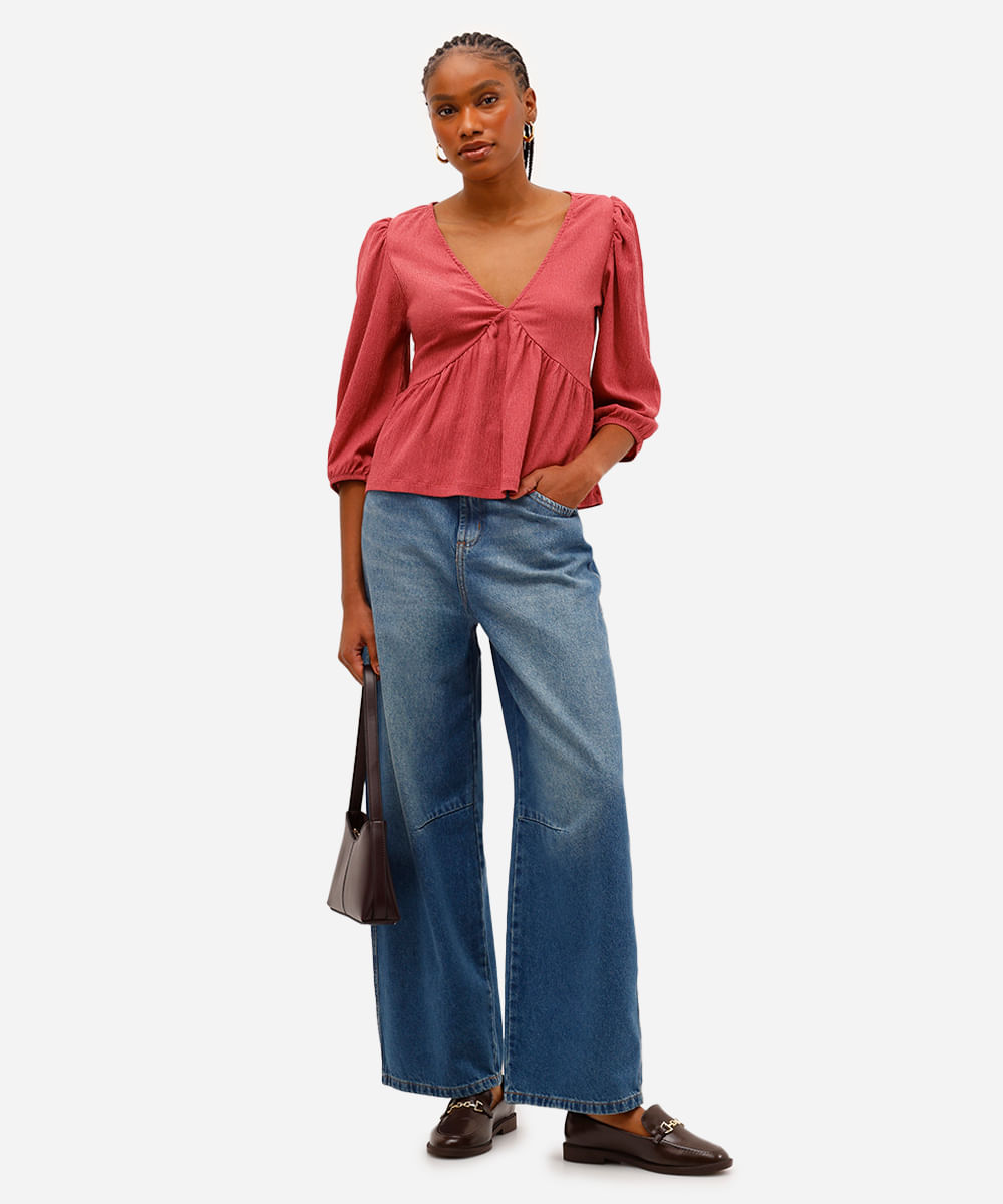bata feminina manga bufante texturizada rosa
