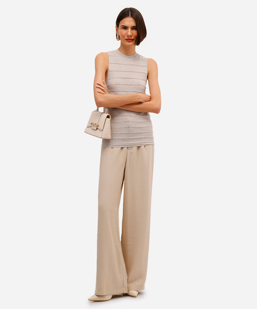 regata feminina de tricot texturizado com lurex bege