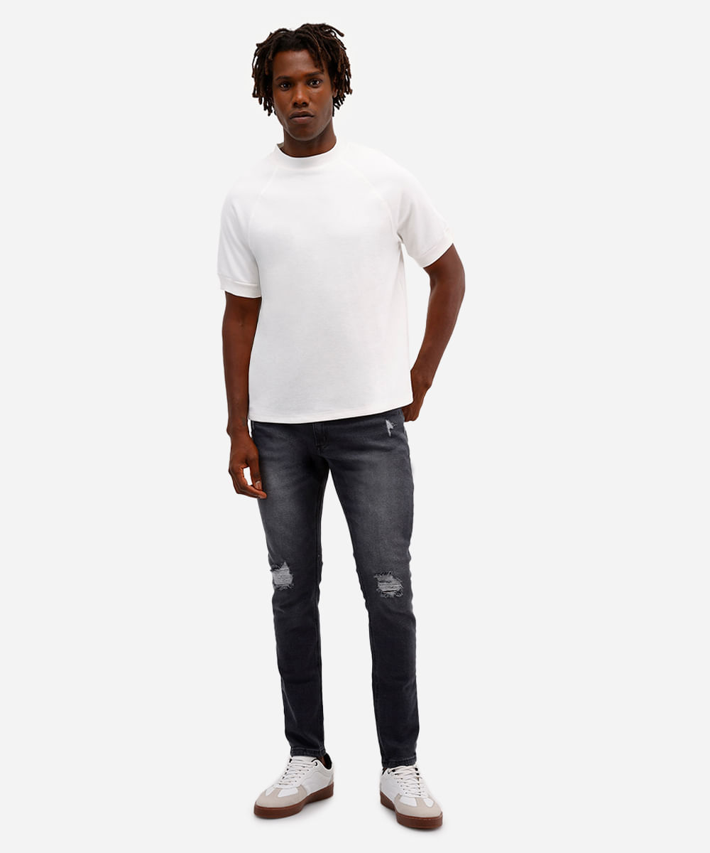 calça skinny masculina jeans destroyed preta