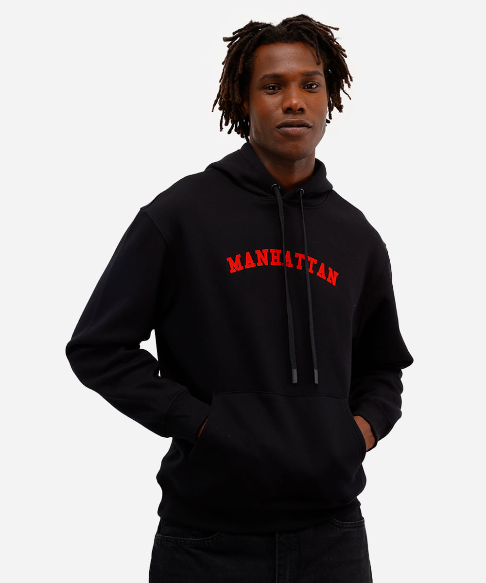 blusão masculino de moletom com capuz manhattan preto