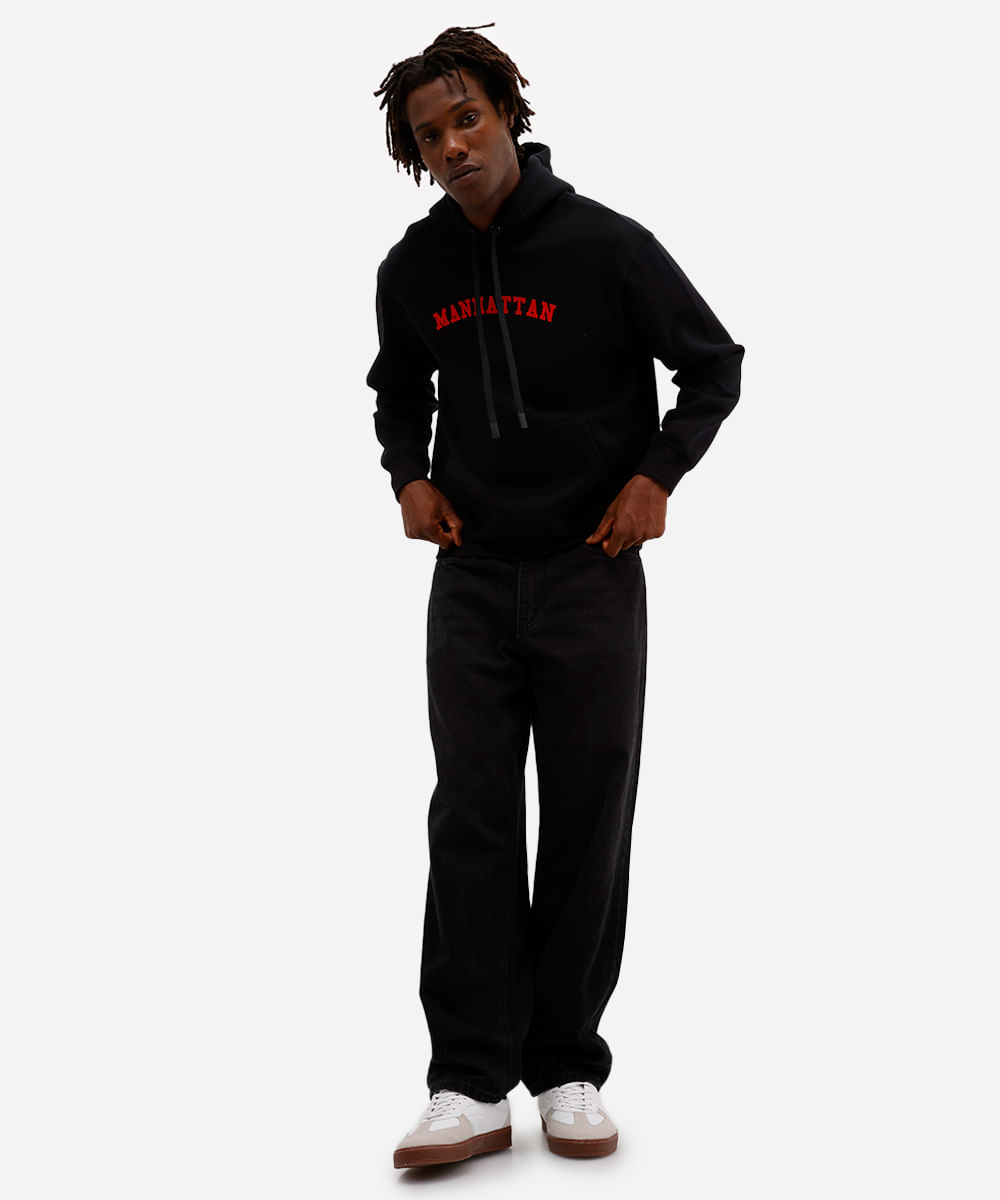 blusão masculino de moletom com capuz manhattan preto