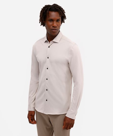 camisa slim masculina de algodão piquet manga longa bege