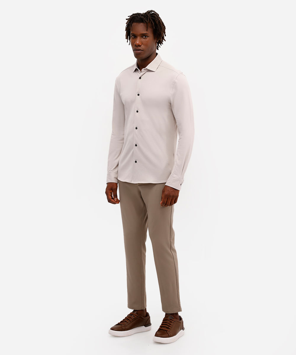 camisa slim masculina de algodão piquet manga longa bege