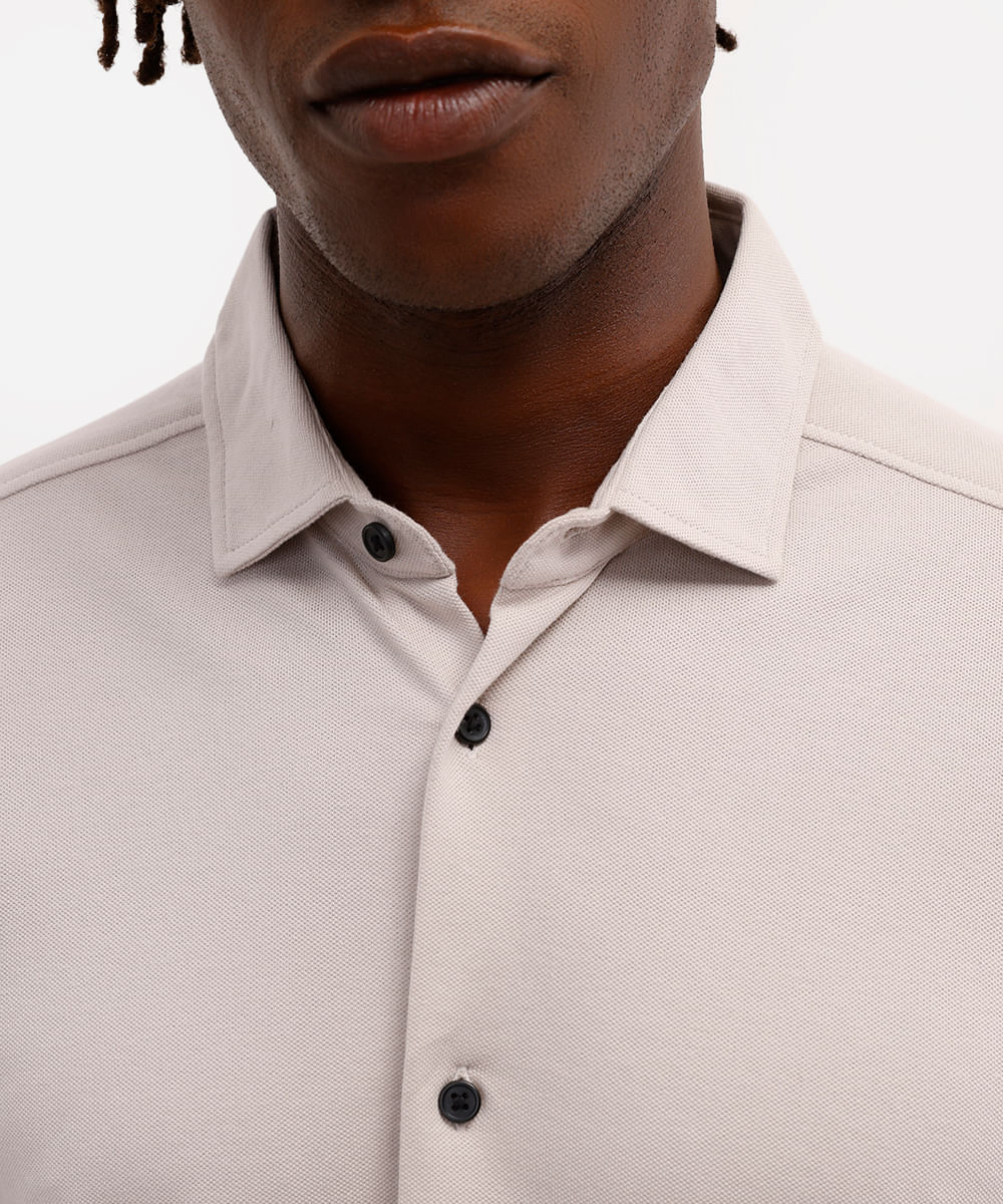 camisa slim masculina de algodão piquet manga longa bege