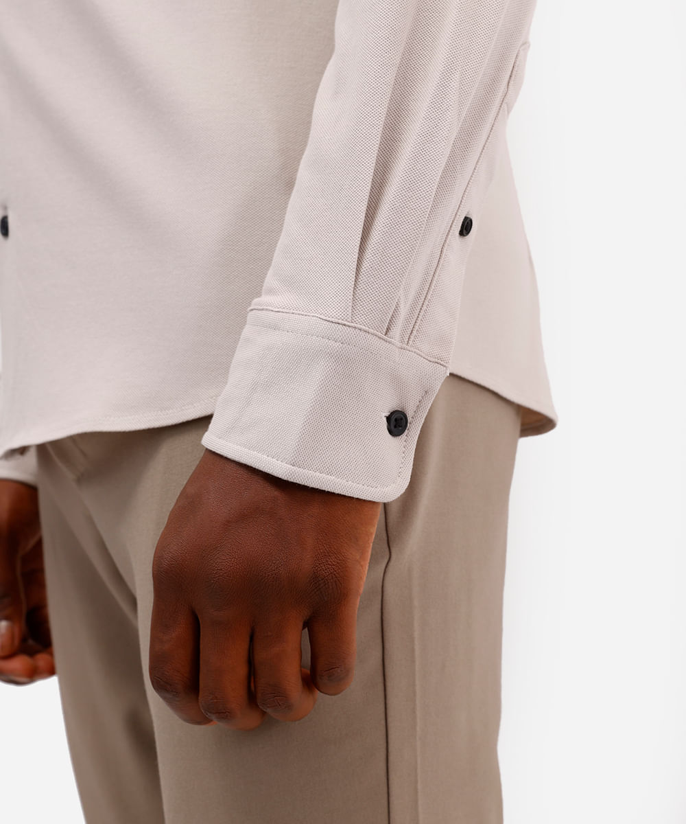 camisa slim masculina de algodão piquet manga longa bege