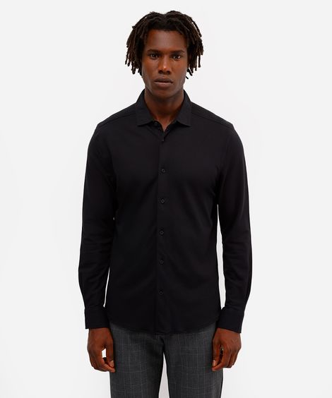camisa slim masculina de algodão piquet manga longa preta