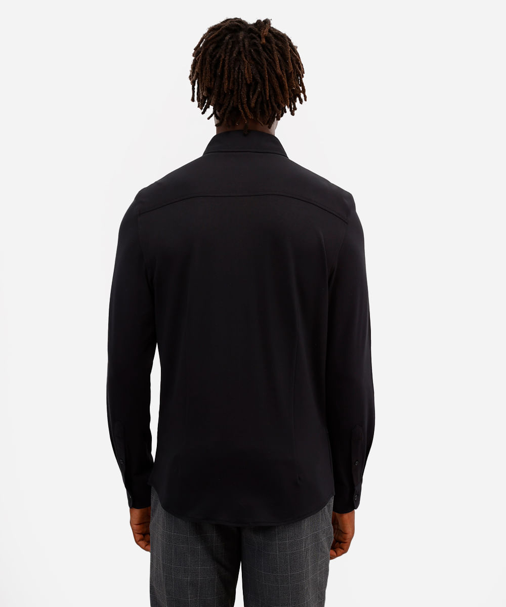 camisa slim masculina de algodão piquet manga longa preta