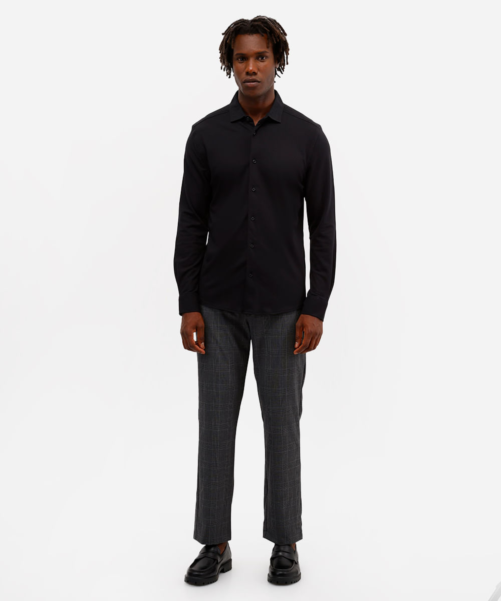 camisa slim masculina de algodão piquet manga longa preta