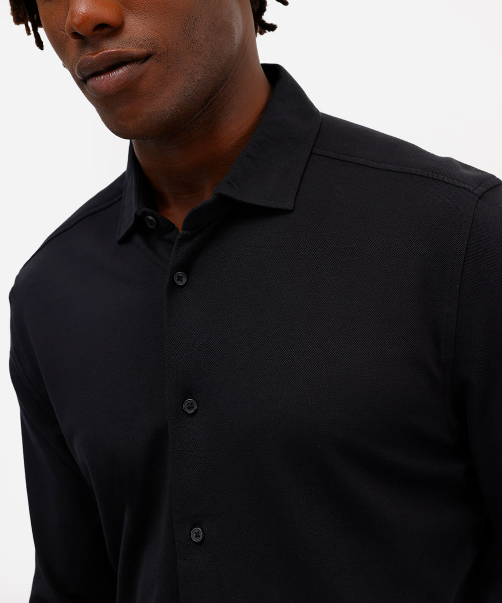 camisa slim masculina de algodão piquet manga longa preta