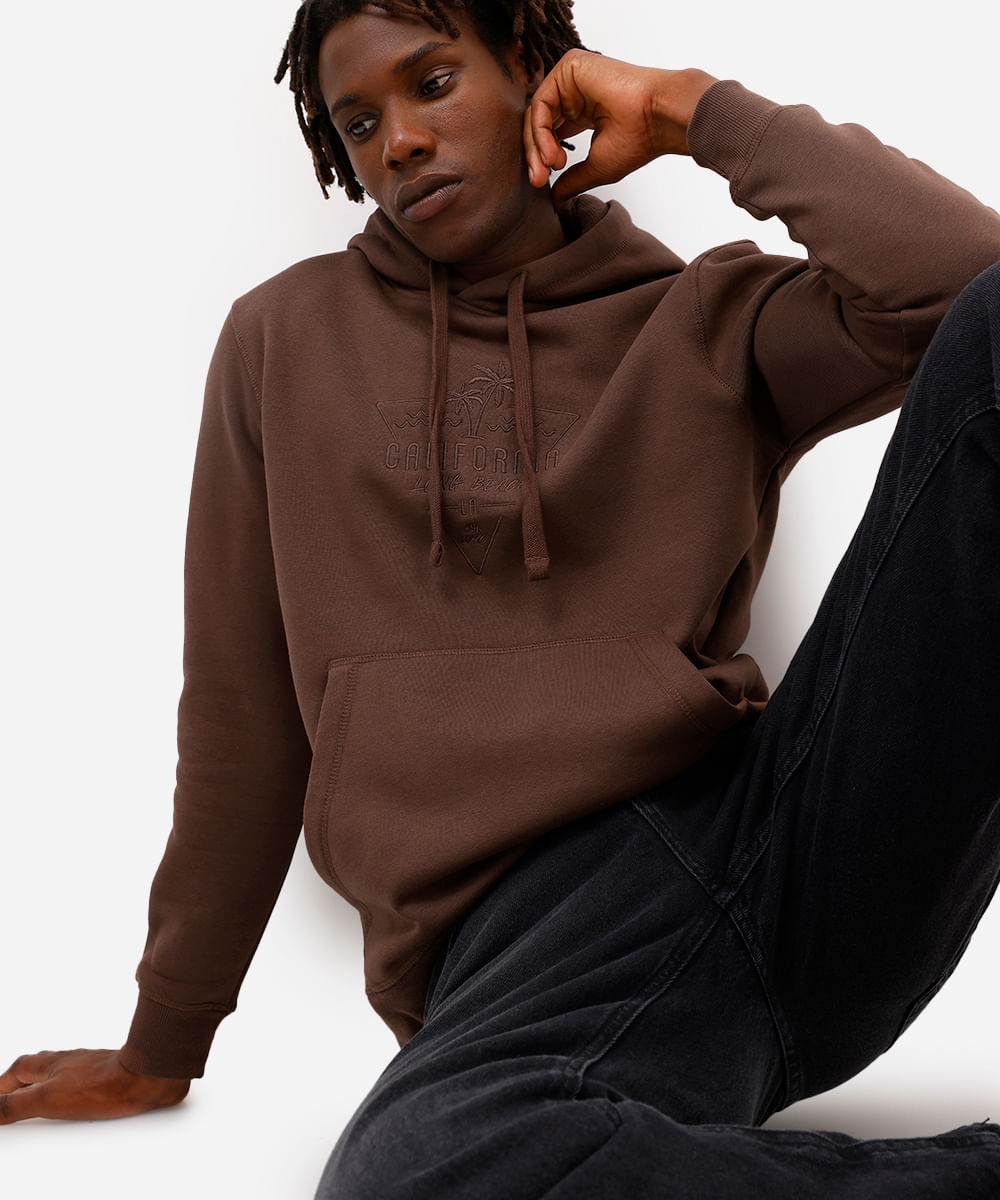 blusão masculino de moletom com capuz e bolso canguru california marrom