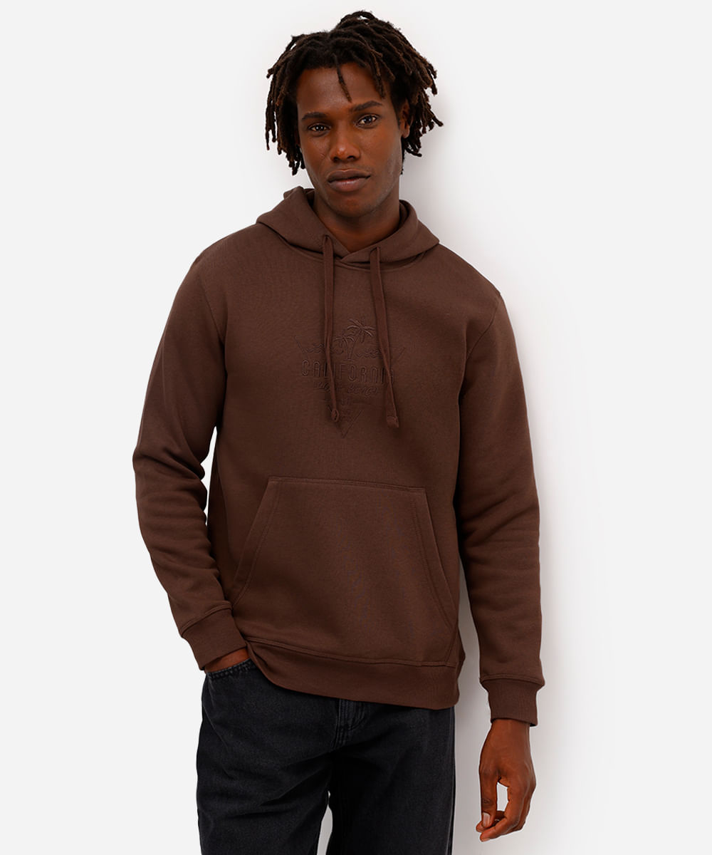 blusão masculino de moletom com capuz e bolso canguru california marrom