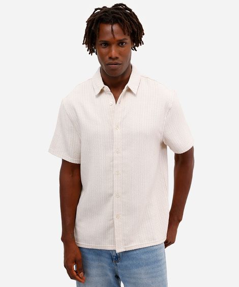 camisa masculina manga curta texturizada bege