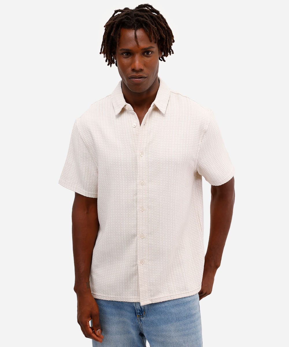 camisa masculina manga curta texturizada bege