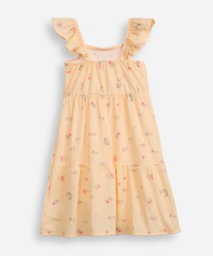 vestido infantil alça com babado floral amarelo