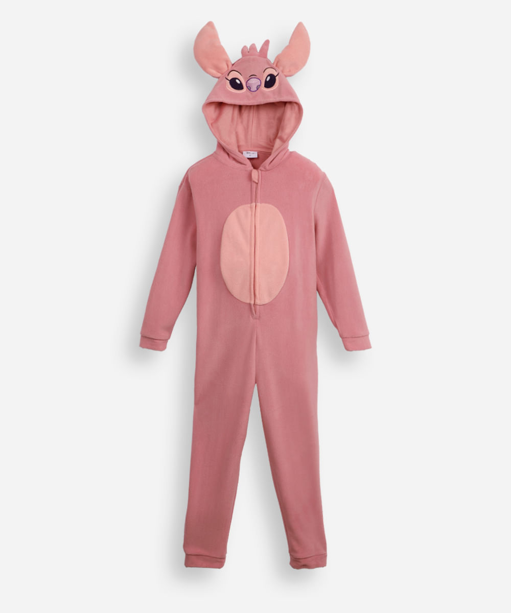 pijama macacão de pelúcia infantil com capuz angel rosa