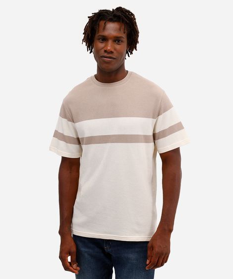 camiseta comfort texturizada listrada manga curta bege