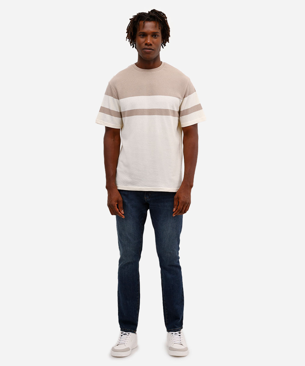 camiseta comfort texturizada listrada manga curta bege