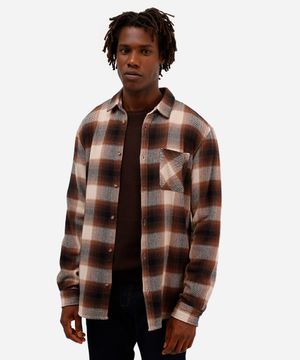 camisa comfort masculina de algodão manga longa xadrez marrom