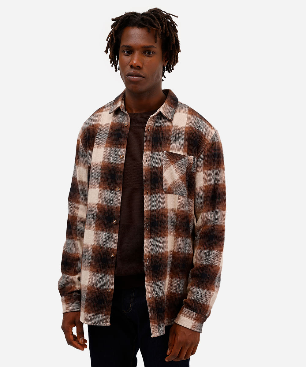 camisa comfort masculina de algodão manga longa xadrez marrom