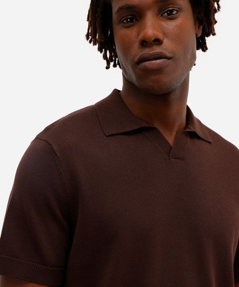 polo masculina de tricot manga marrom