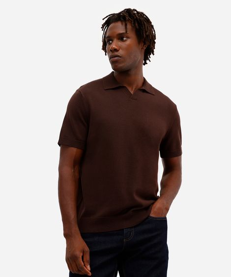 polo masculina de tricot manga marrom