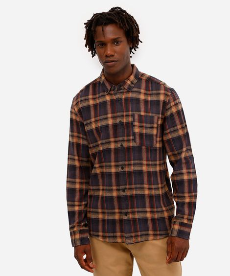 camisa comfort masculina de algodão manga longa xadrez marrom