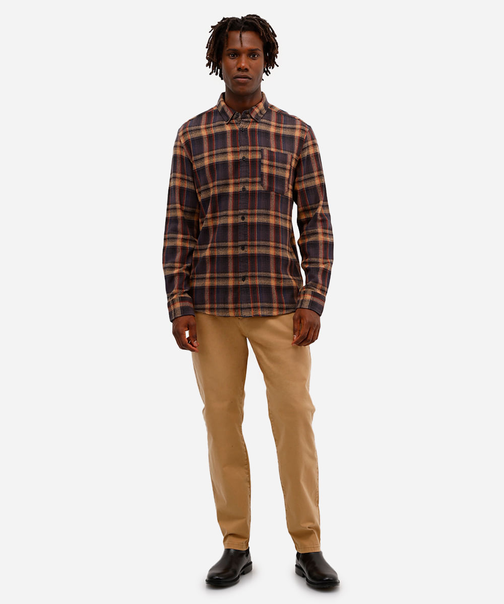 camisa comfort masculina de algodão manga longa xadrez marrom