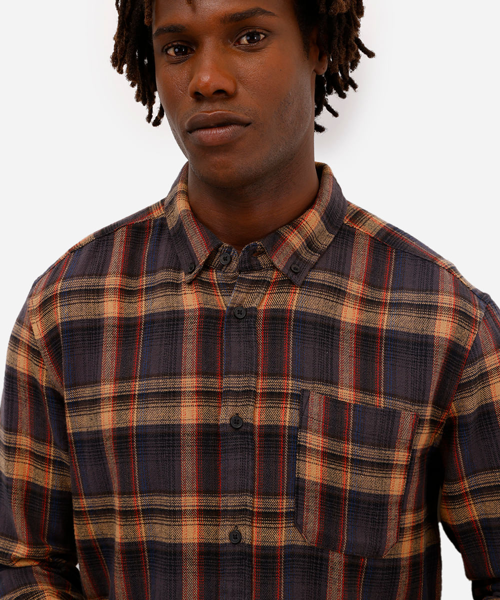 camisa comfort masculina de algodão manga longa xadrez marrom