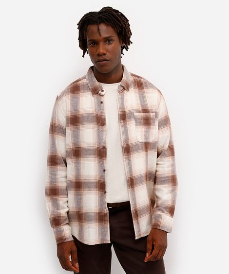 camisa comfort masculina de algodão manga longa xadrez marrom