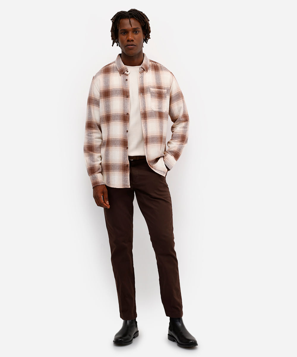 camisa comfort masculina de algodão manga longa xadrez marrom