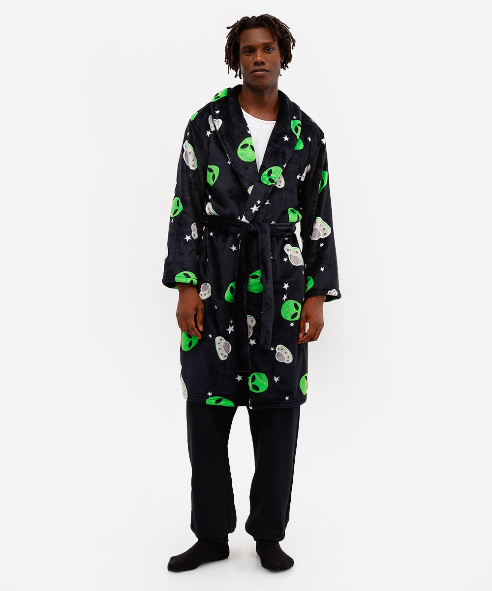 roupão masculino fleece extraterrestre preto