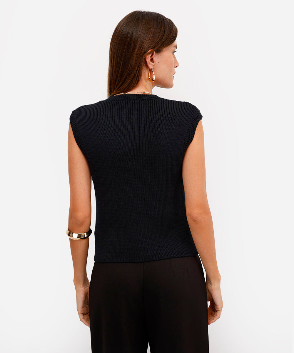 colete feminino de tricot canelado com botões preto