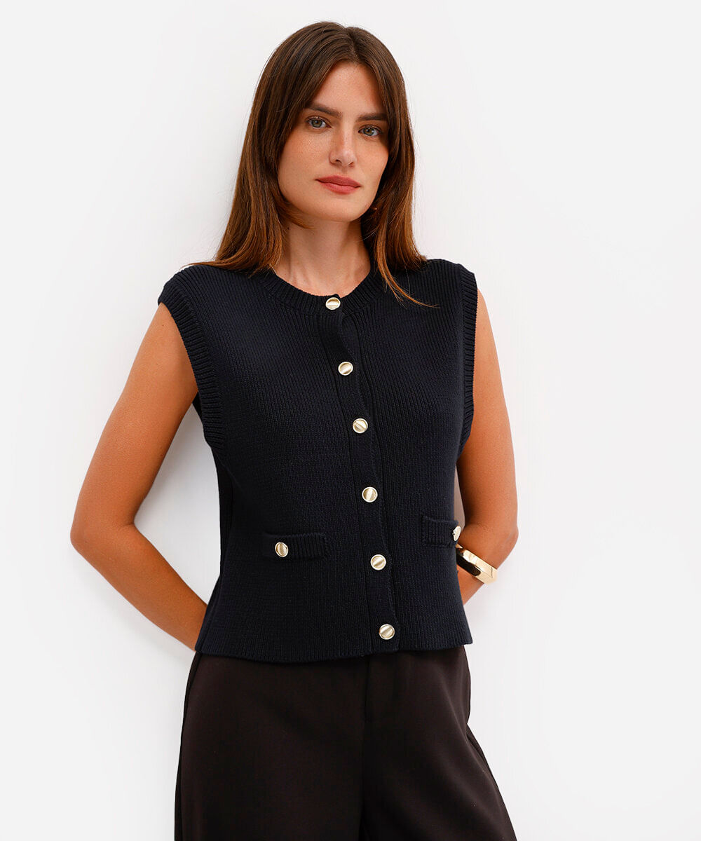 colete feminino de tricot canelado com botões preto