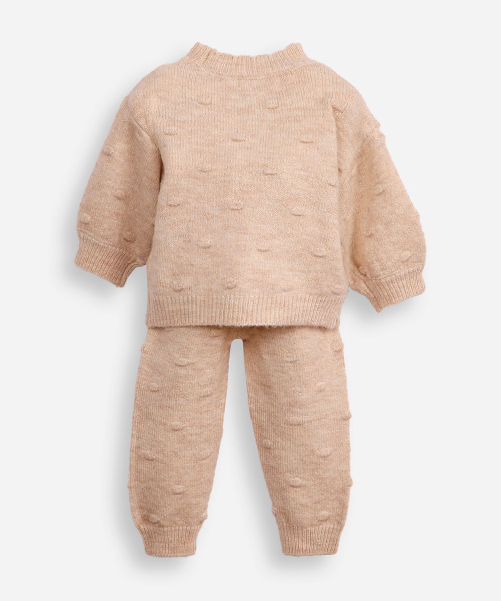 conjunto infantil longo de tricot poá bege