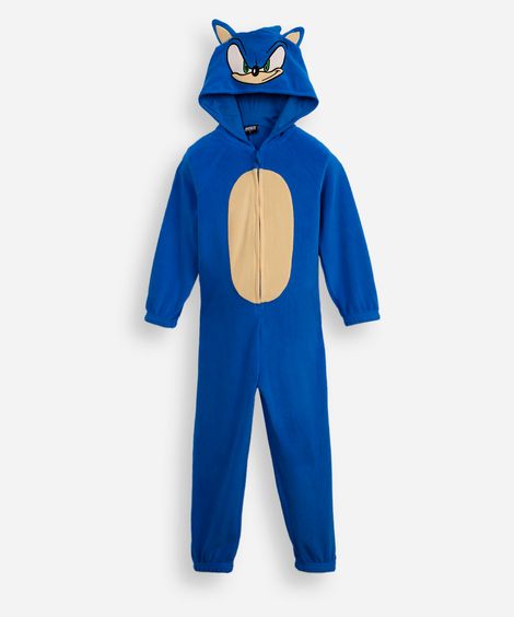 pijama macacão de pelúcia infantil com capuz sonic azul
