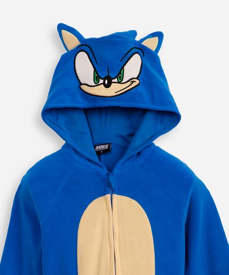 pijama macacão de pelúcia infantil com capuz sonic azul