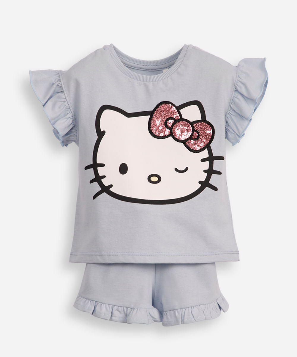 conjunto infantil curto hello kitty com babados e paetê azul